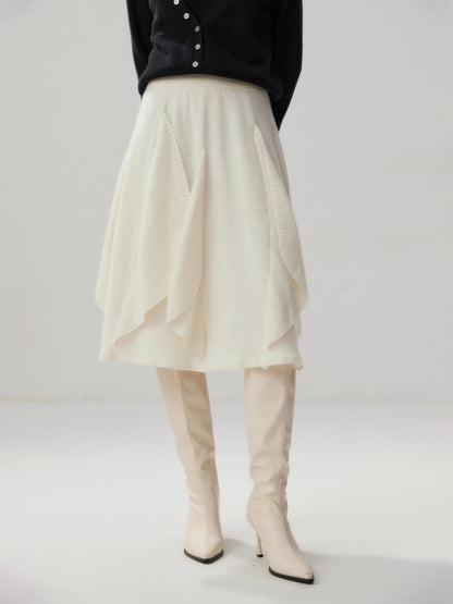 French 100% Pure Cashmere Skirt Ruffle Irregular A-line Soild Midi Sirt Autumn Winter Women Elegant Pleated  Knit Dress Fashion