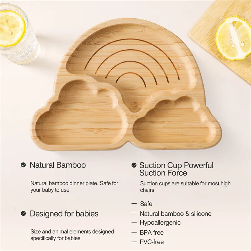 Baby Wooden Tableware Set Wooden Handle Fork Spoon Could Bamboo Wooden Plate Bowl Silicone Suction for Children Feeding Supplies