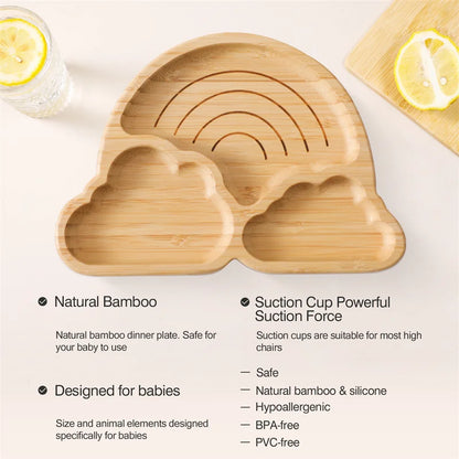 Baby Wooden Tableware Set Wooden Handle Fork Spoon Could Bamboo Wooden Plate Bowl Silicone Suction for Children Feeding Supplies