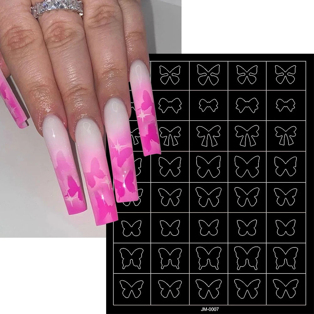 24-Design Airbrush Stencil Nail Stickers 1Pcs Butterfly/Heart/French Line Nail Decal Adhesived DIY Nail Template Airbrush Slider