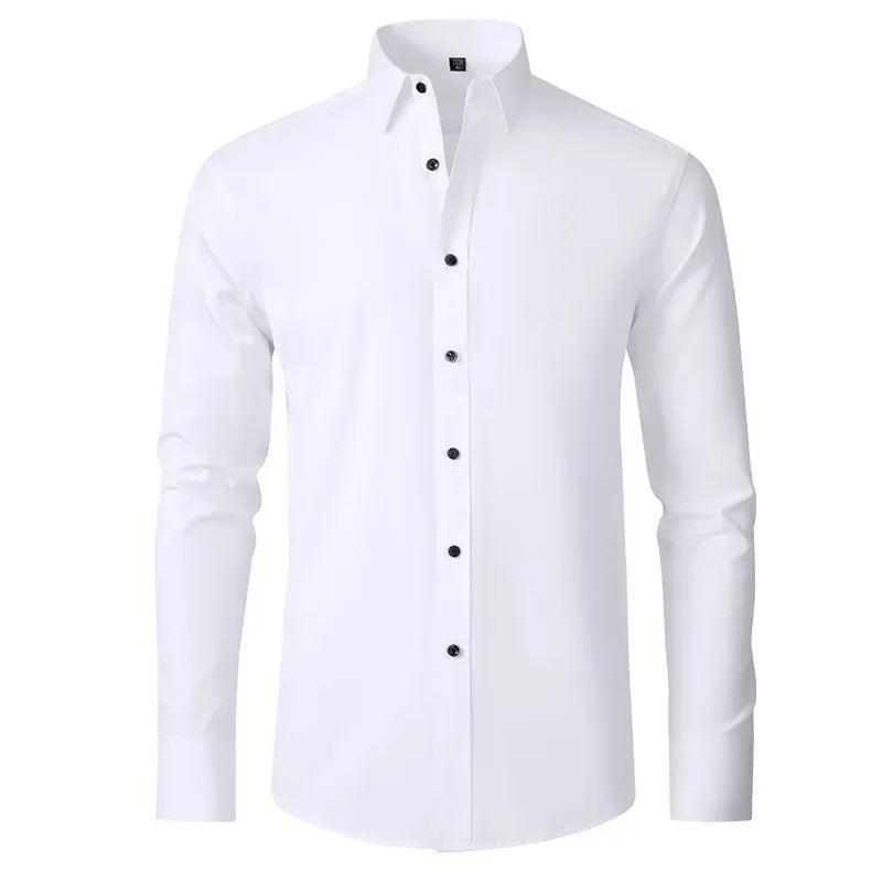Men's long-sleeved shirt made of elastic fabric, wash-and-wear wrinkle-resistant business casual, silky smooth, pure color shirt