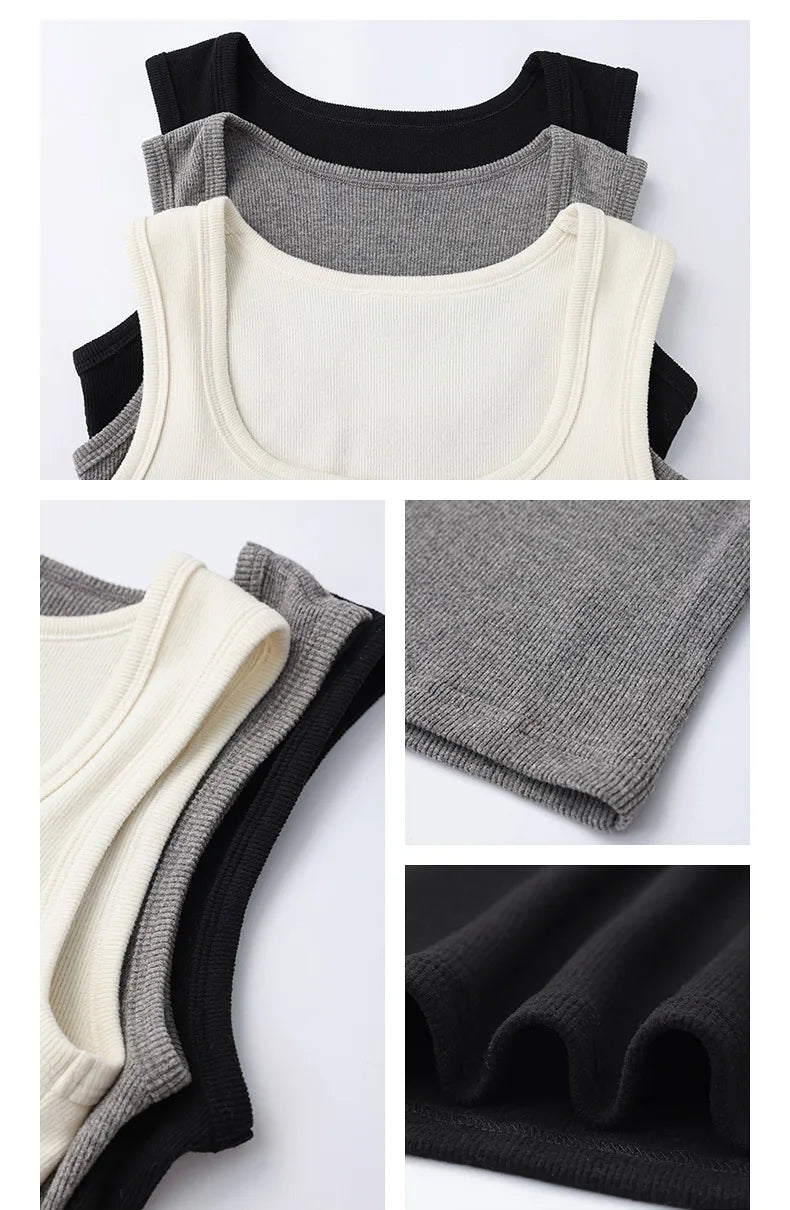 Spring Women U-Neck Knit Tank Top Cashmere-Like Fabric Elastic Slim Fit Sleeveless Camisole Solid Color Base Layer Stylish Vest