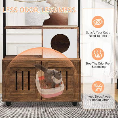 Garvee Cat Litter Box Cabinet with Cat Tree, Large Wooden Cat Furniture with Storage Compartment, Cave, Hammock & Play Ball, Corner Cat Bed for Safe & Cozy Resting