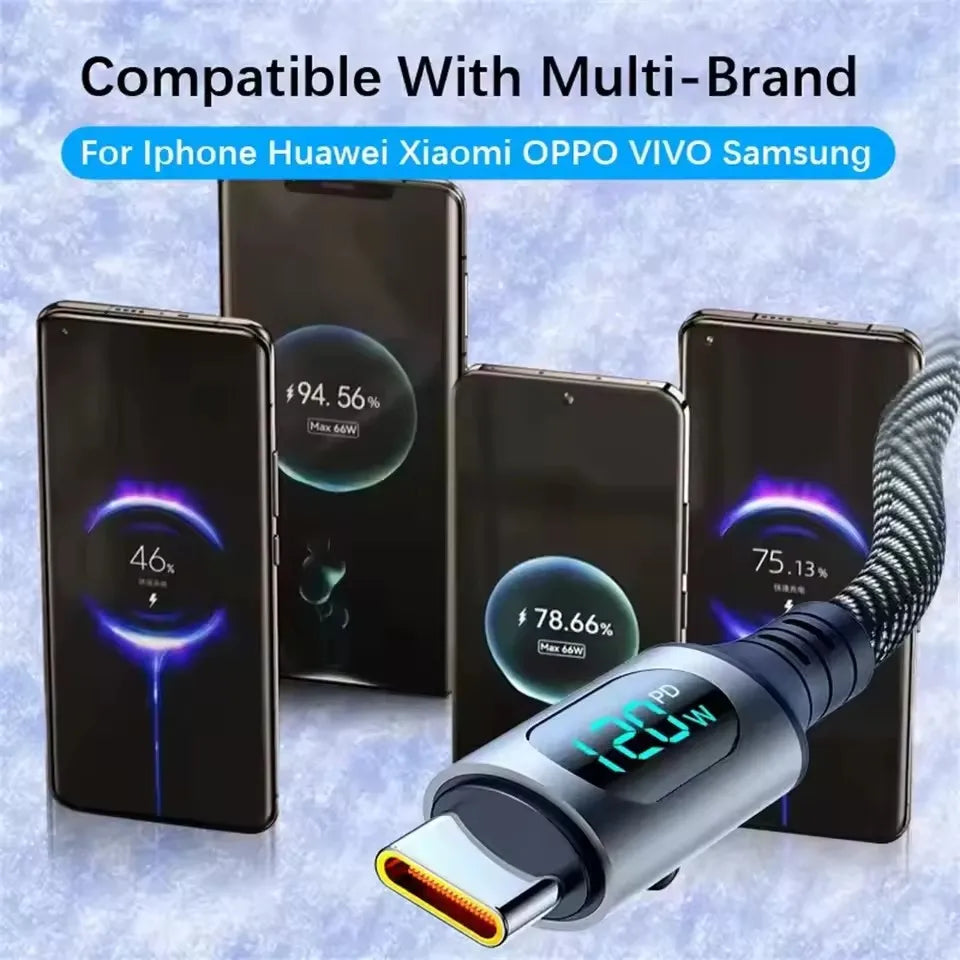 120W Cable Dual Digital Display Cable PD Fast Charging Highspeed Data Transfer USB Type C To Type-C Cable For Phone Macbook iPad