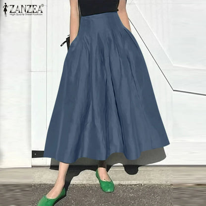 ZANZEA Fashion Holiday Faldas Mujer Casual Women Solid Color High Waist Jupe Femmes Elegant Commute Pleated Front Midi Skirts