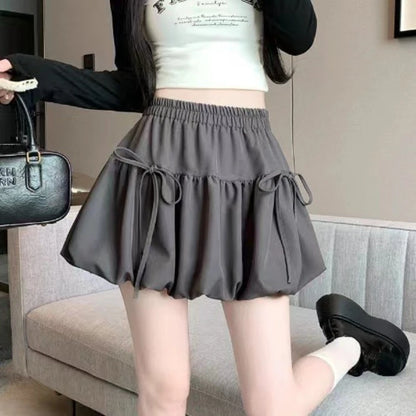 Zjaiss 2026 Summer Ballet Style Bow A-Line Women's Mini Skirts High Elastic Waist Tie Pleated Bud Balloon Skirt
