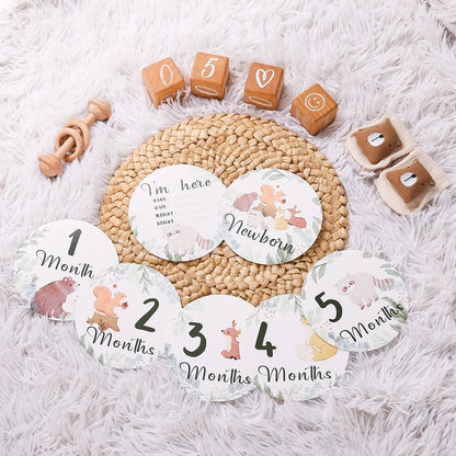Newborn Baby Growth Milestones 0-12 Months Wooden Card With Box Photo Accessory Cartoon Animal Picture Souvenir Wooden Baby Gift