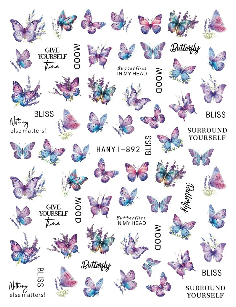 3d Nail Art Decals Spring Booming Violets Lavenders Purple Blue Pink Flowers Butterflys Stickers Decoration For Nail Tips Beauty