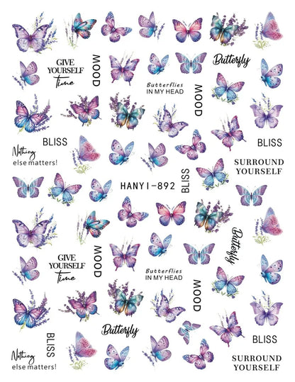 3d Nail Art Decals Spring Booming Violets Lavenders Purple Blue Pink Flowers Butterflys Stickers Decoration For Nail Tips Beauty