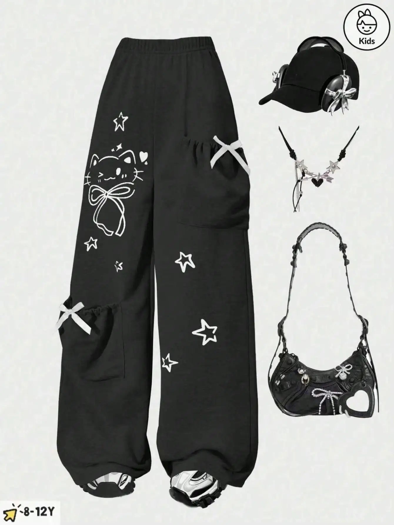 Girls' fashion casual trousers, girls' spring, summer, autumn and winter loose straight-leg pants with a kitten pocket design
