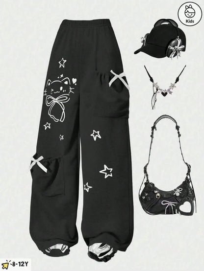 Girls' fashion casual trousers, girls' spring, summer, autumn and winter loose straight-leg pants with a kitten pocket design