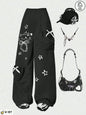 Girls' fashion casual trousers, girls' spring, summer, autumn and winter loose straight-leg pants with a kitten pocket design