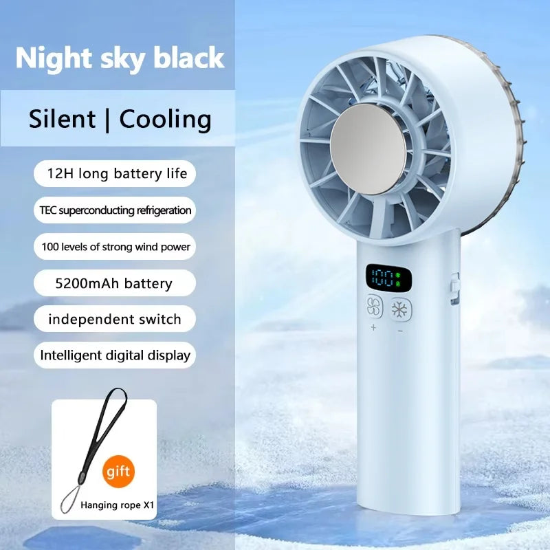 Portable Mini Fan Handheld Fan Ice Compress LED Display Ice Face 100 Wind Speeds 5200mAh USB Rechargeable Battery Fan