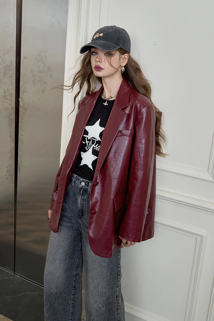 ELFSACK Women's Faux Leather Blazer Oversized Wine Red Long Sleeve Casual Office Wear Jacket Fashion Streetwear Coat
