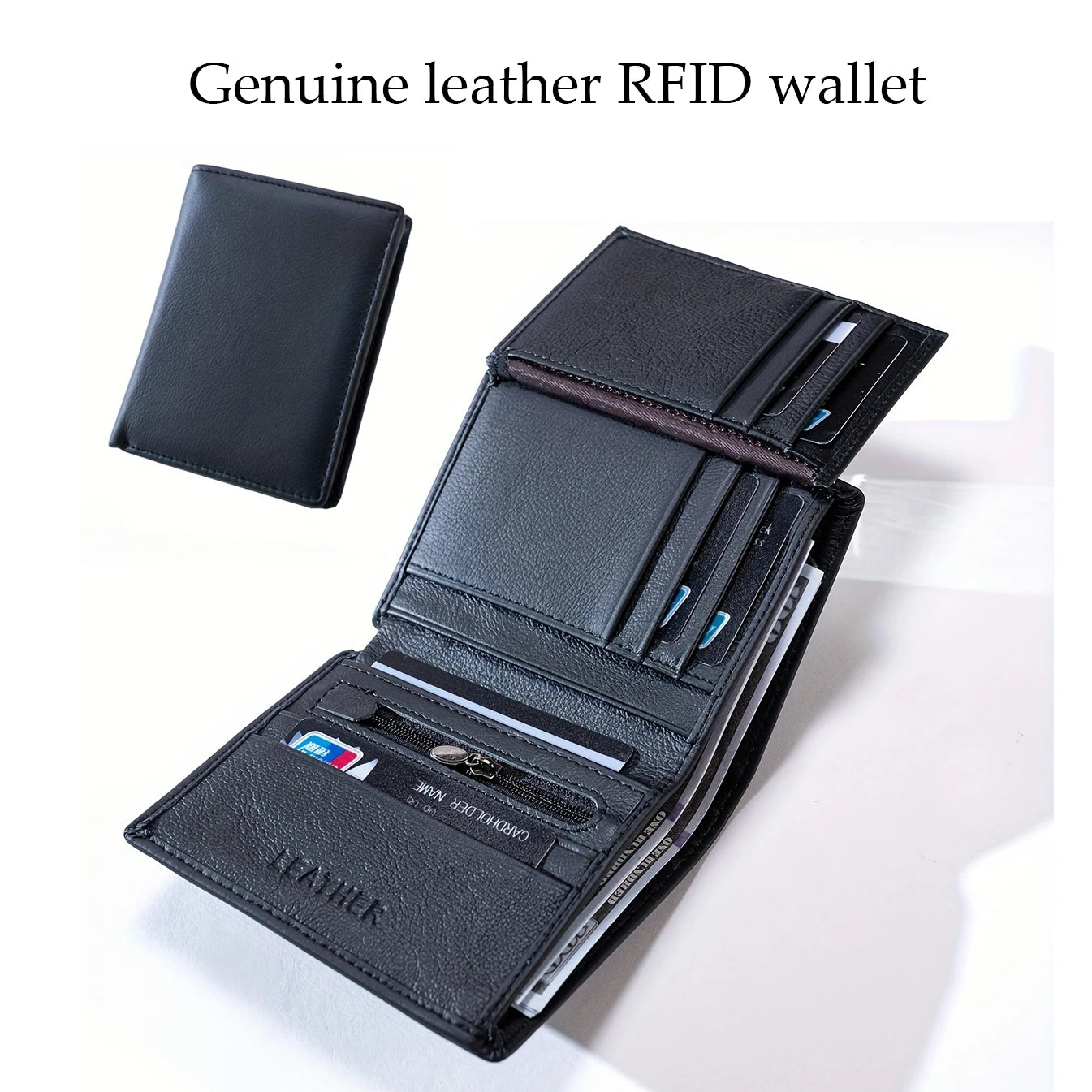 Men Wallet Genuine Leather Wallets for Men Zipper Purse Vertical Business Wallets RFID Anti-Theft Credit Card Holder Money Bag