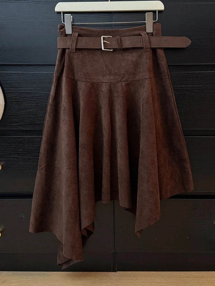 French Fashion Y2K Vintage Harajuku Suede Skirts Women Slim Fit Irregular High Waist A-Line Skirts Casual Elegant Pleated Skirts