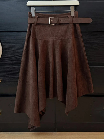 French Fashion Y2K Vintage Harajuku Suede Skirts Women Slim Fit Irregular High Waist A-Line Skirts Casual Elegant Pleated Skirts