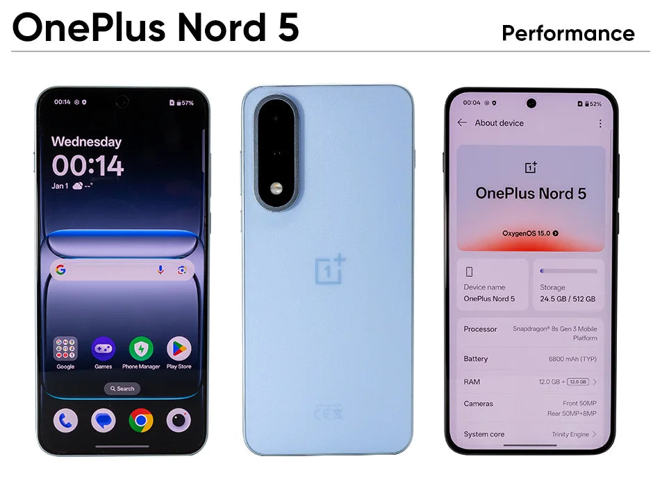New OnePlus Nord 5 Smartphone 5G Snapdragon™ 8s Gen 3 6.83”AMOLED Display 144 Hz 5200mAh 80W SUPERVOOC 50MP Dual Cameras