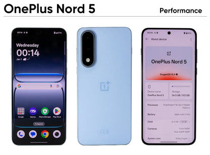 New OnePlus Nord 5 Smartphone 5G Snapdragon™ 8s Gen 3 6.83”AMOLED Display 144 Hz 5200mAh 80W SUPERVOOC 50MP Dual Cameras