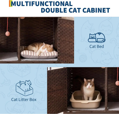Rattan Cat House Double Cat Litter Box Enclosure Furniture 2 Cats | Double Room Cat Cabinet, with Washable Litter Mat & 2 Hooks, Easy Assembly, 47.2"L x 19.7"W x 23.6"H Walnut