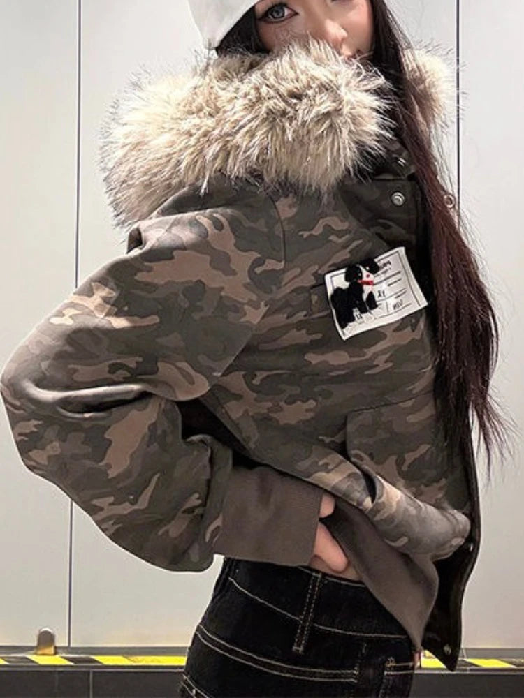 Casual Y2K Vintage Streetwear Slim Fit Winter Coat Fur Collar Hoodie Jacket American Retro Warm Outerwear Women Girls Ladies New