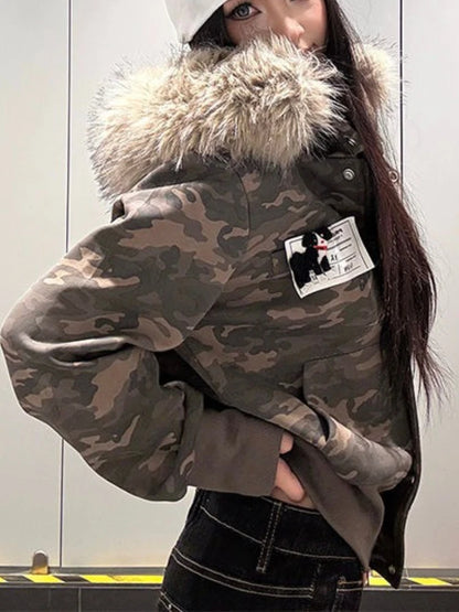 Casual Y2K Vintage Streetwear Slim Fit Winter Coat Fur Collar Hoodie Jacket American Retro Warm Outerwear Women Girls Ladies New
