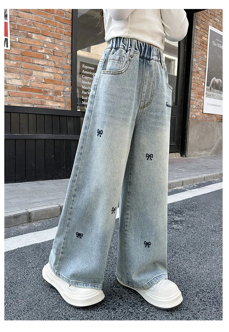 New 4-14 Years Spring Autumn Teenage Girls Jeans Full Print Bow Embroidery Fashion Wide-leg Denim Pants For Kids