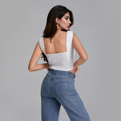 Summer Denim Tank Tops Women Slim Fit Square Neck Backless Back Shirred Sleeveless Button Down Crop Tops for Party Club Night