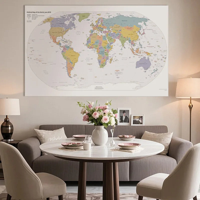 English Map Series-World Map-2019,Decorative Hanging Picture Decor Frameless,Geographical,Tourism/education Tools