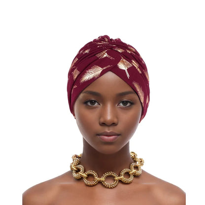 Feather Gold Stamping Fabric Turban Cap for Women African Wrap Head Bonnet Muslim Under Scarf Hat Turbante Mujer