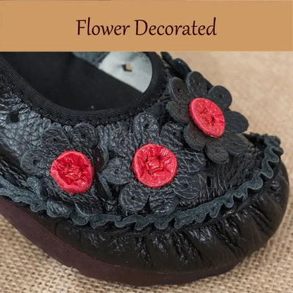 Vintage Flower Moccasins Woman Genuine Leather Ballet Flats Ladies Hollow Slip Ons Women's Luxury Loafer Purple Walking Shoes 42