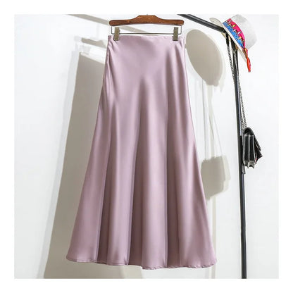 Botvotee Elegant Satin Long Skirt for Women Spring Summer 2025 Office Ladies Korean Style Loose Elastic Band Midi Skirts