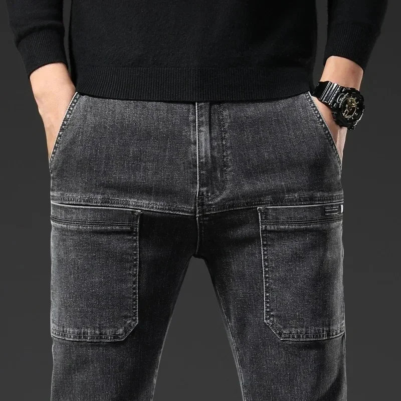 Spring Summer Thin Six Pocket Men's Jeans Elastic Straight Leg Casual Slim Fit Jeans Versatile Multi-Pocket Long Y2K Denim Pants