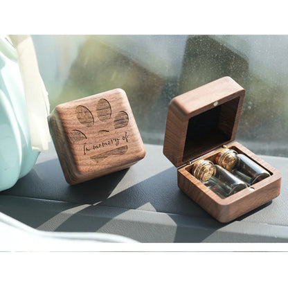 Walnut Wood Pet Hair Keepsake Box, Paw Print Engraved Memorial Urn for Dog Fur Teeth Ashes, Portable Mini Memory Storage Box