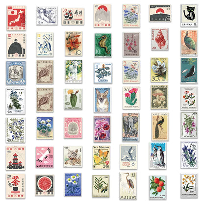 50pcs Retro Stamp Art Stickers Vintage Aesthetic Cartoon Decals For Laptop Luggage Skateboard Phone Sticker Kids Toys