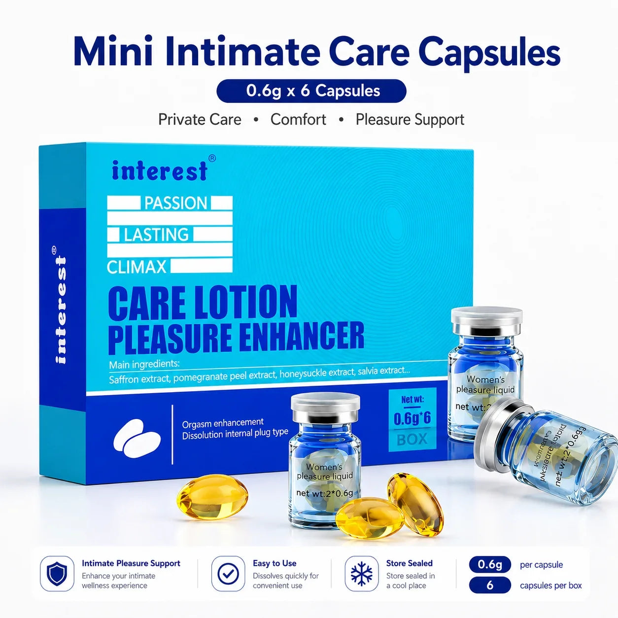 Hot Mini Intimate Pleasure Support Capsules for Women,6pcs Dissolving Softgel Care Lotion for Lubrication, Sensitivity & Comfort