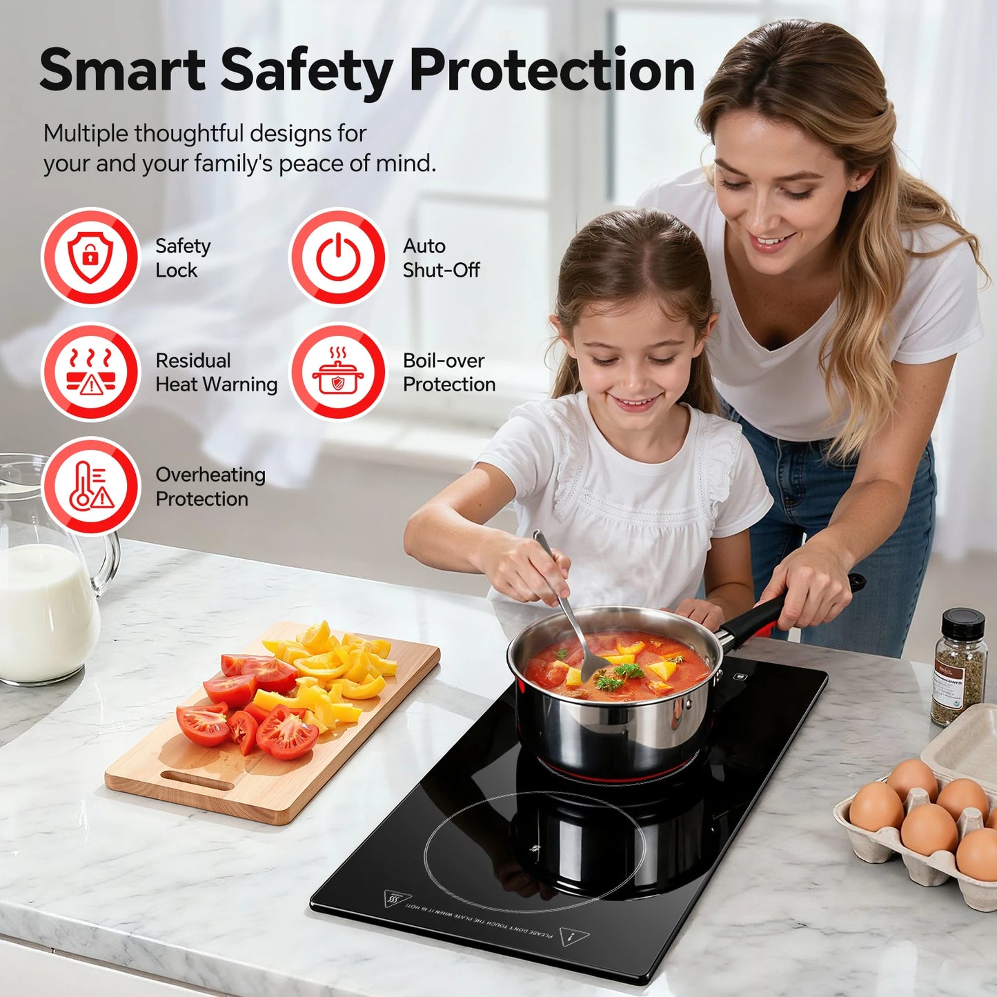 2-Zone Ceramic Hob, 3000W with Child Lock, 9 Heat Levels, 1-99min Timer, Black (CE Certified)