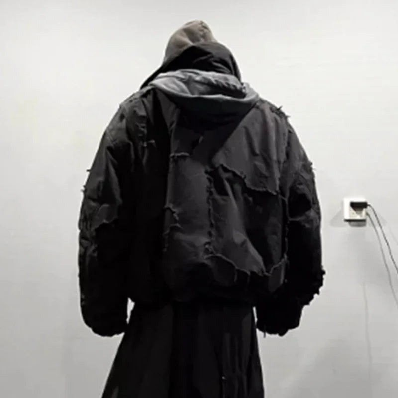 MWJLPWQ Fake Two Pieces Retro Distressed Hooded Cotton Jacket Men's New High Street Zipper Washed Hiphop Padded Winter 010528