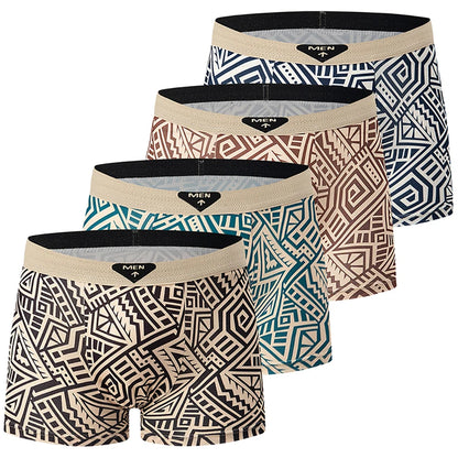 4-piece Set Of Men's Seasonal Fashionable Printed Underwear Comfortable Elastic Waist Flat Angle Pants Plus Size Casual Shorts