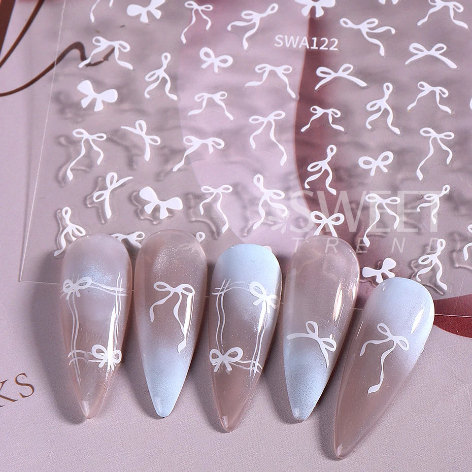 4/8pcs Bowknot Ribbon Nail Stickers Mini Kawaii Lace Bow Tie Design Self-Adhesive Nail Art Decals DIY Manicure Supplies Decor