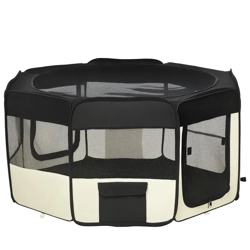 Foldable Enclosed Playpen for Dog Cat Small Animals Octagonal in Oxford Fabric and Steel - Ø 120 X 58H cm - Black and Cream