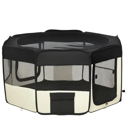 Foldable Enclosed Playpen for Dog Cat Small Animals Octagonal in Oxford Fabric and Steel - Ø 120 X 58H cm - Black and Cream