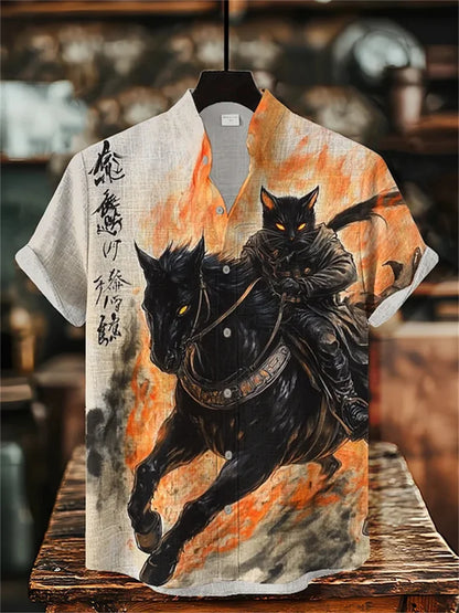 Men's short-sleeved shirt with cat and dinosaur print, casual and stylish vacation-style men's top, fashionable Hawaiian design.