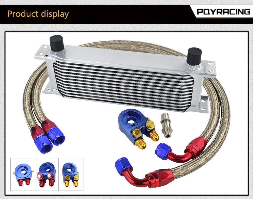 Universal 13 Rows Oil Cooler Kit + Oil Filter Sandwich Adapter + Nylon Stainless Steel Braided An10 Hose W/ PQY Sticker+Box