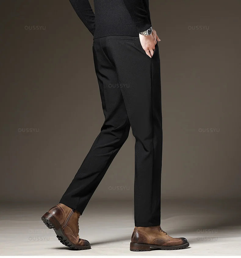 Autumn Winter Men‘s Suit Pants Slim Business Office Elastic Waist Black Grey Classic Pant Korean Trousers Male Plus Size 28-38