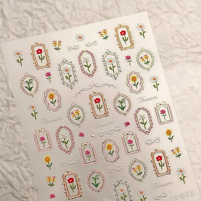 Luxury 5D Floral Nail Art Stickers Gold Silver Chinese Style Metal Frame Shiny Crystal Rhinestone Self Adhesive Manicure Decal