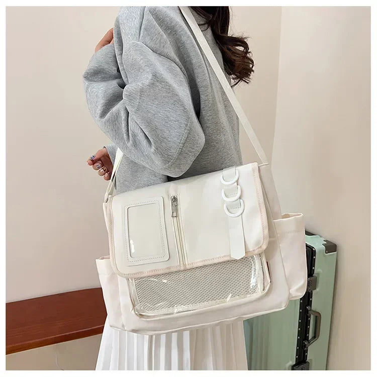 College Style Crossbody Bag with Ribbon Large Capacity for Class Book Carrying Mailman Bag Girls Bow JK Shoulder Ita Bag Handbag