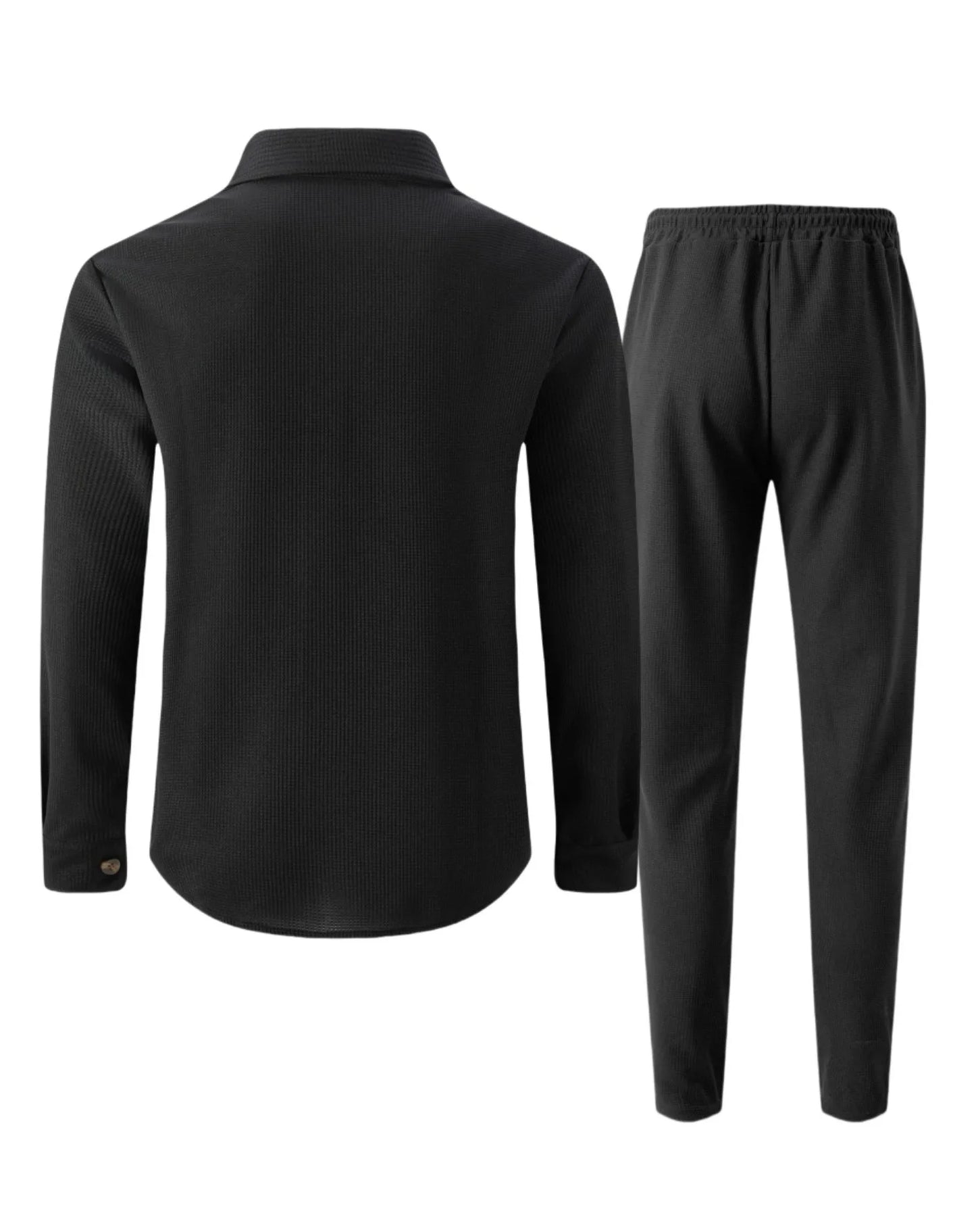 New autumn style waffle long-sleeved solid-color double-pocket buttoned cardigan shirt and pants set