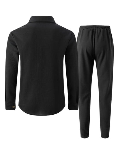New autumn style waffle long-sleeved solid-color double-pocket buttoned cardigan shirt and pants set