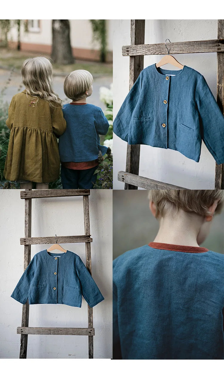Spring Thin Retro Linen Jacket Children 2026 New Solid Color Single-Breasted Cardigan Casual Long-Sleeved Boys And Gilrs Coats